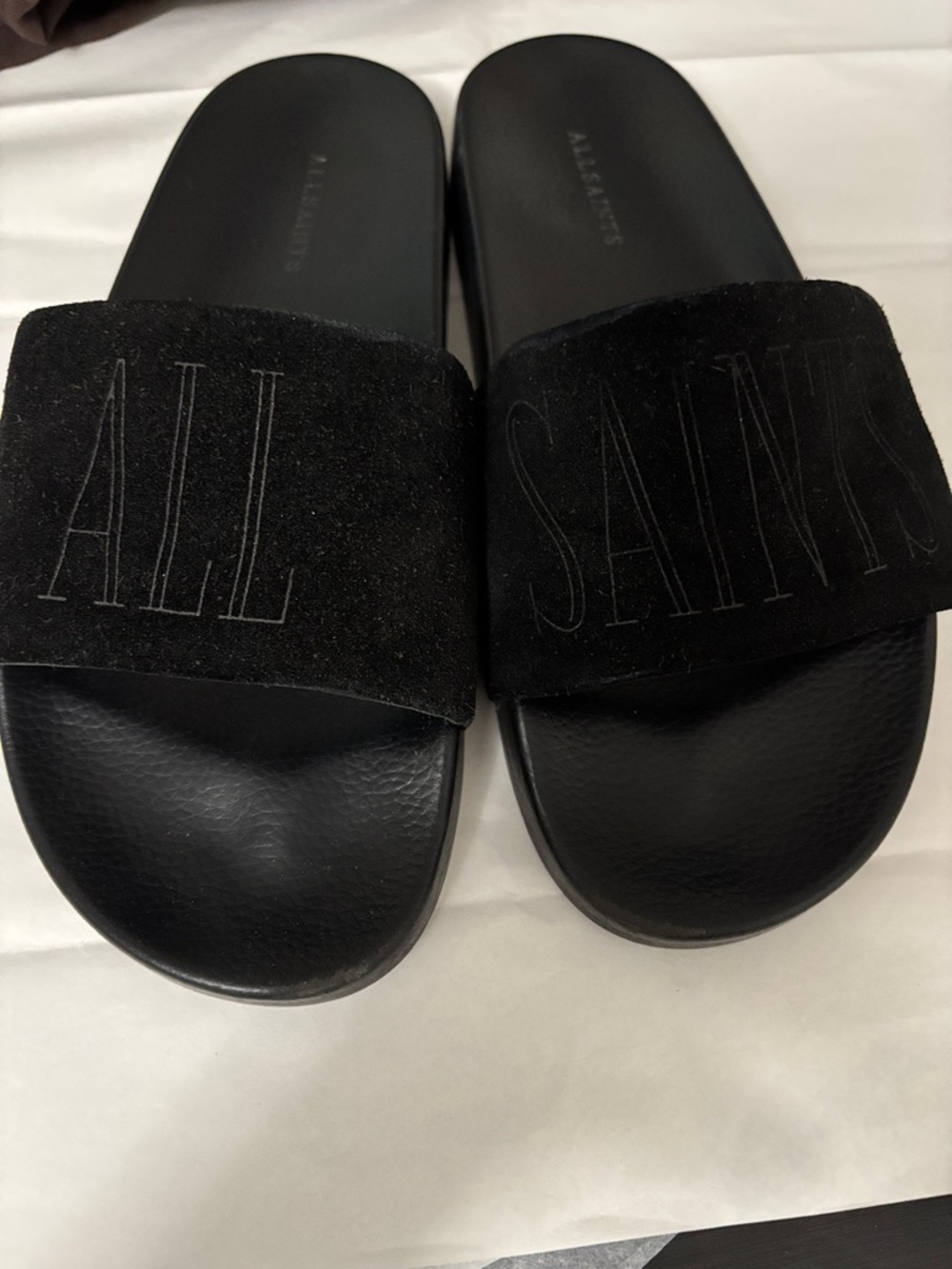 AllSaints Black Suede Logo Slide Sandals